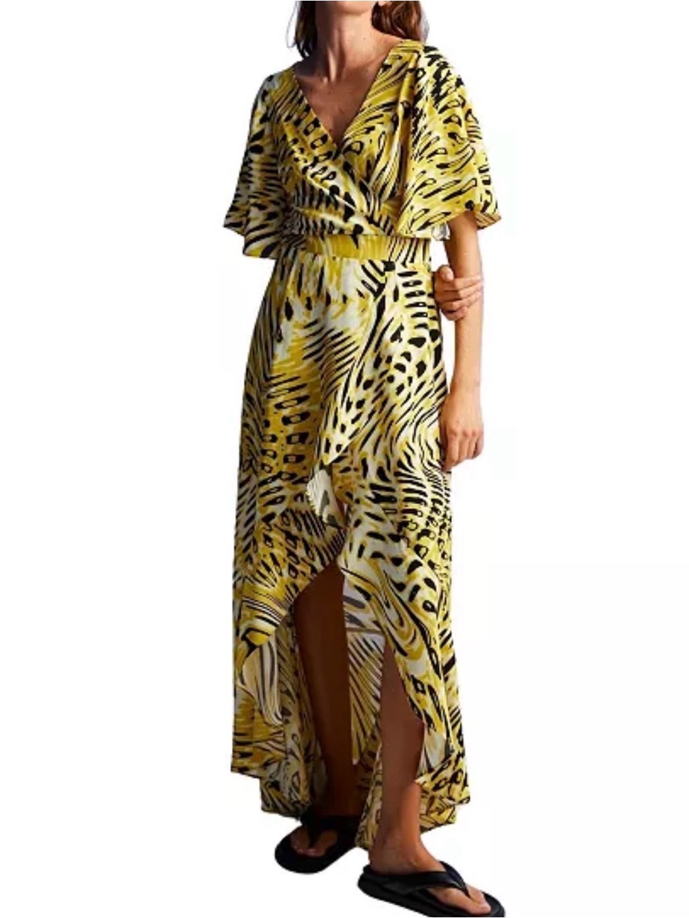 Nocturne Yellow Animal-Print Wrap Maxi Dress